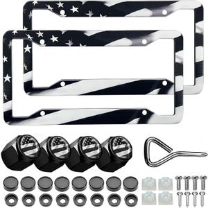 Black American Flag License Plate Frames - 2 Pack Patriotic Aluminum Metal Matte Gloss Stars Stripe US Flag Car Tag Plate Frame Holder Covers with 4 Fluttering Flag Car Valve Caps and Screws