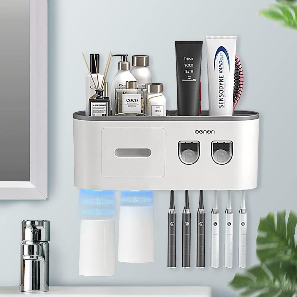 Toothbrush Holders Wall Mounted, Toothbrush Holder with Automatic Toothpaste Dispensers, 6 Brush Slots, 2 Magnetic Cups, 1 Cosmetic Drawer Organizer and 1 Large Storage Tray