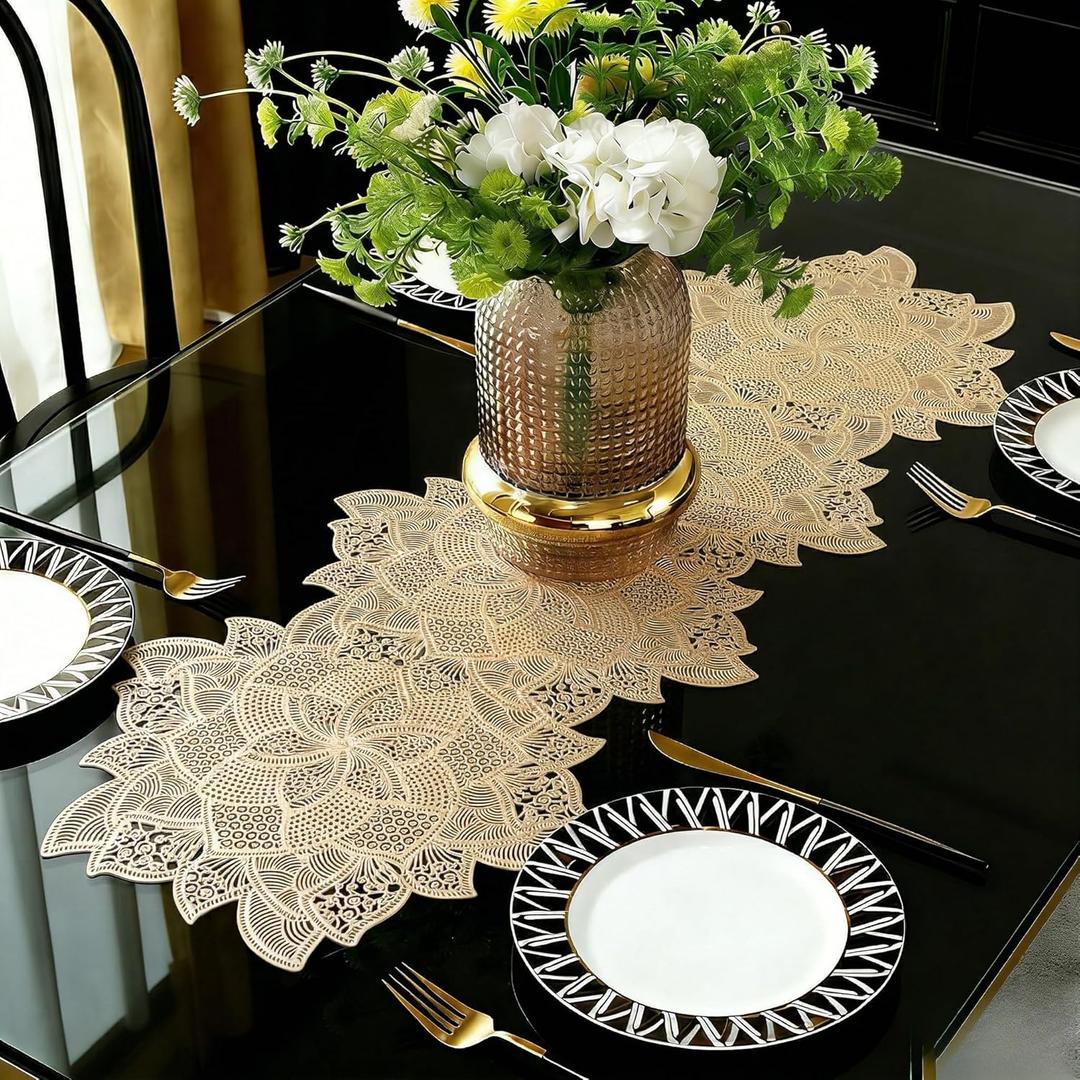 FAVE Gold Table Runners 36 Inches Flower Shaped Short Table Runner Washable Table Mats Fall Table Runner for Wedding, Banquet, Birthday, Party, Restaurant (Gold Flower)