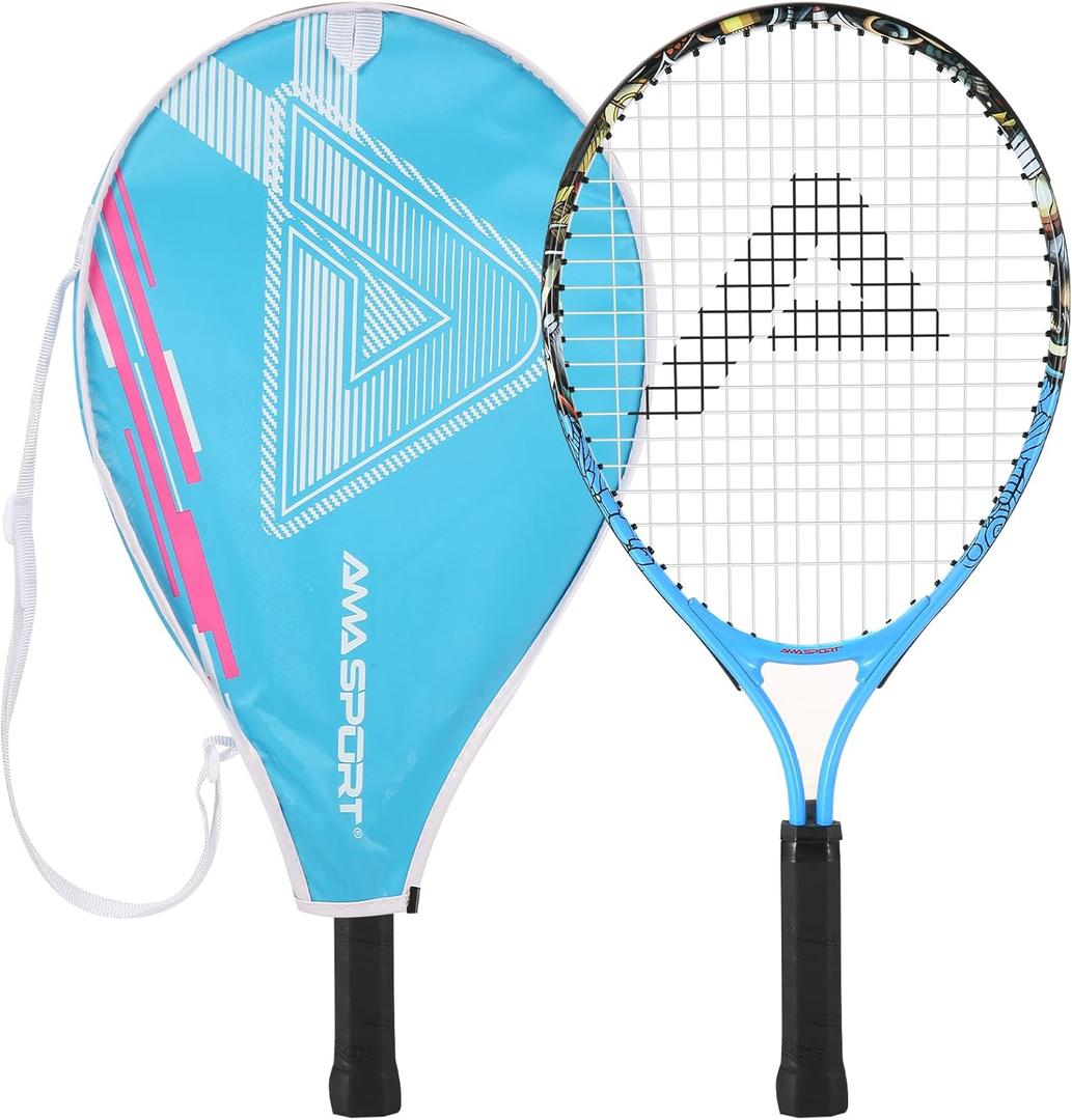 Kids Tennis Racket for Boys & Girls Aged 2-12 - Multi-Color & Style Youth Tennis Racket for Beginner, Includes 420D Nylon Shoulder Strap Bag (Blue-Graffiti)