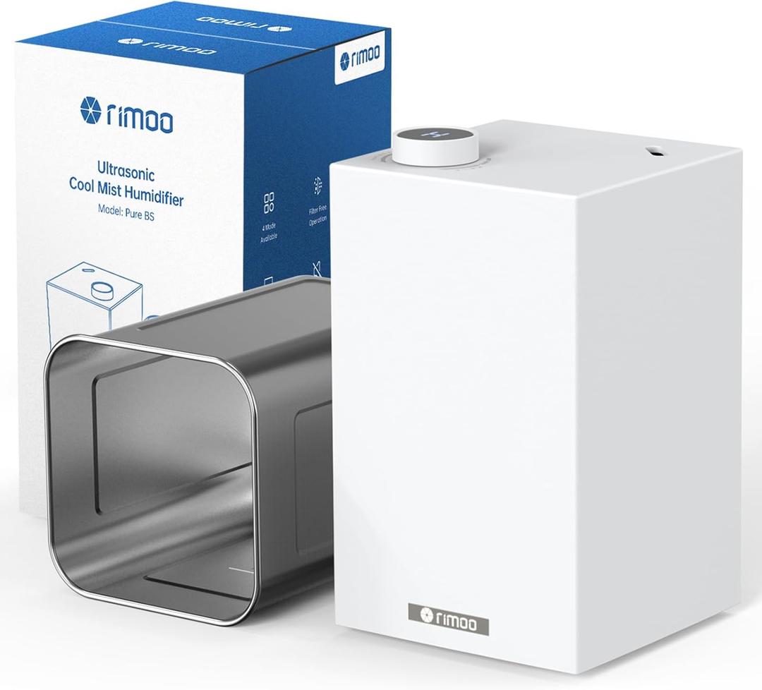 Stainless Steel Humidifier, Cool Mist Humidifiers with Only 3 Parts Easy to Clean, Top Fill Humidifier with 1-9H Timer, 30dB Whisper-Quiet, Filter less for Bedroom Large Baby Room Office, White (2.5L)