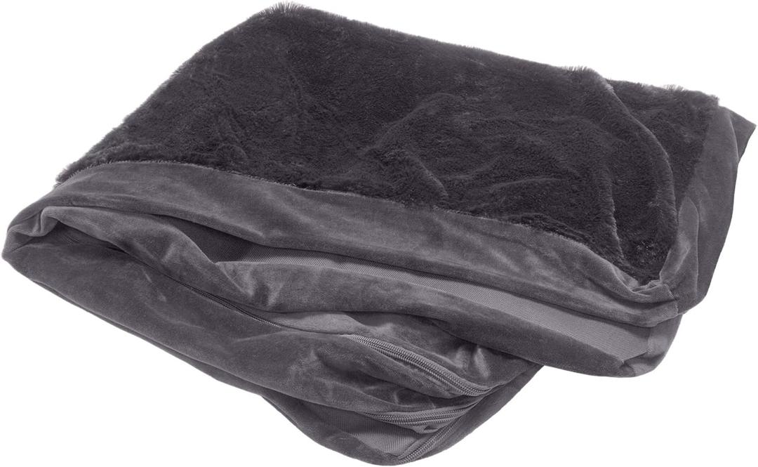Furhaven Replacement Dog Bed Cover Plush & Velvet L Shaped Chaise, Machine Washable - Platinum Gray, Jumbo (X-Large)
