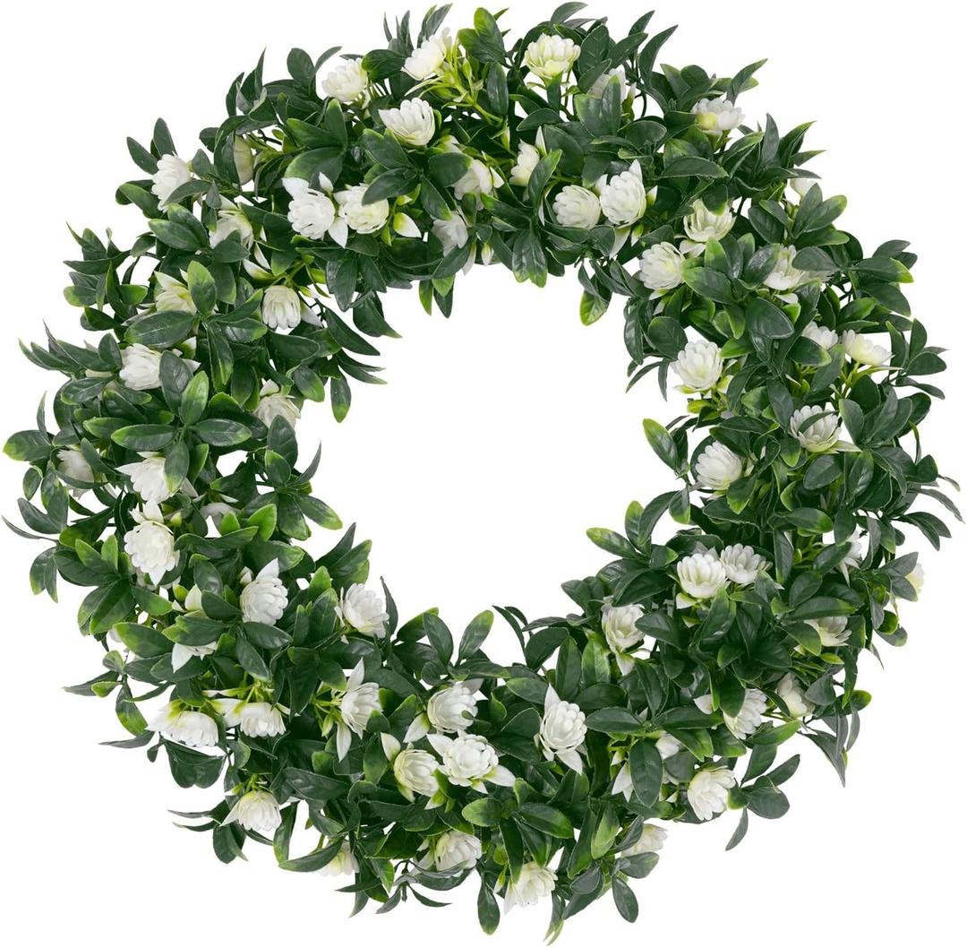 SHACOS Greenery Wreath 15" Artificial Front Door Wreaths Green Wreath with White Flowers for Home Wall Window Farmhouse Decoration 100% Plastic Indoor Outdoor