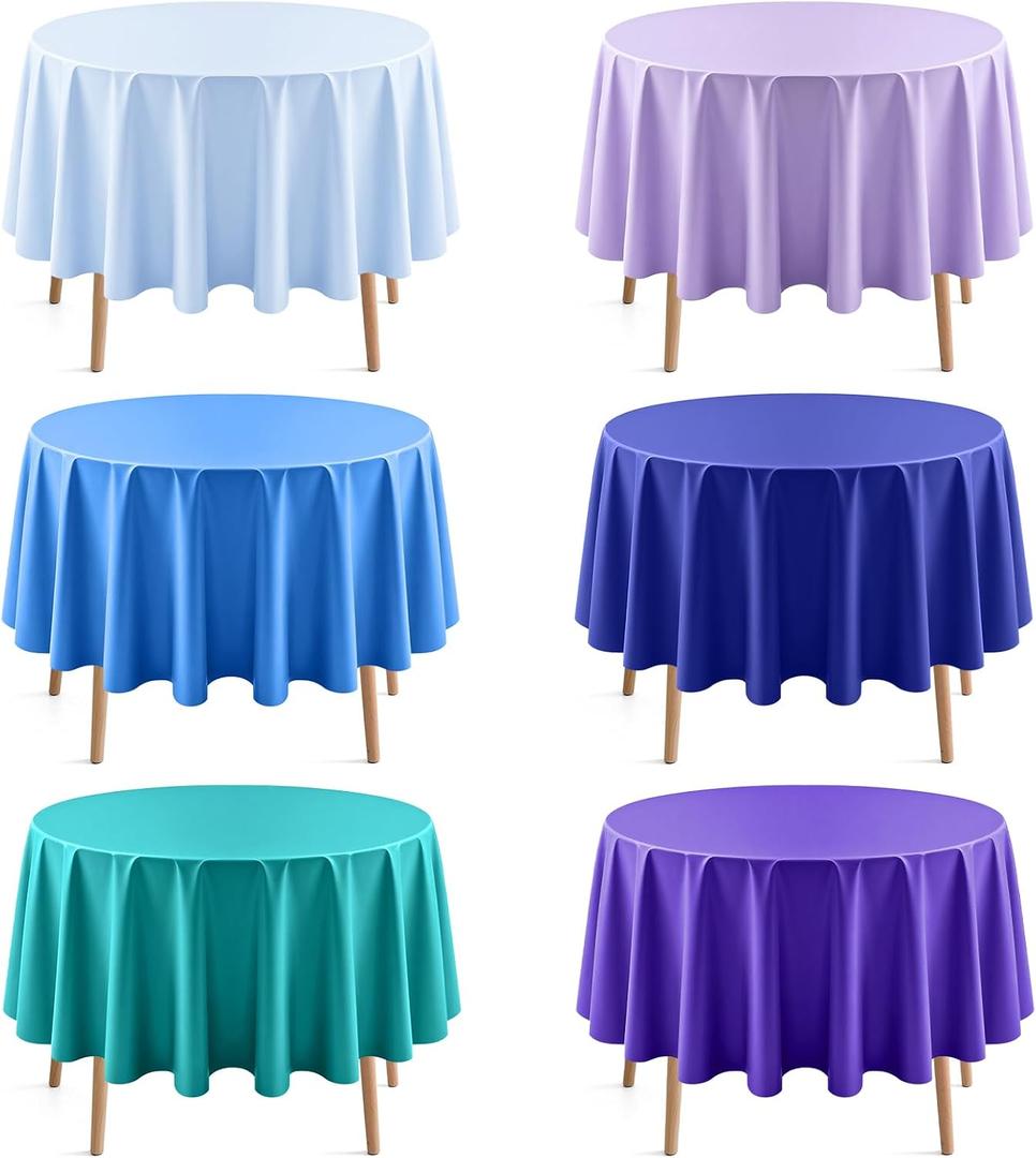 6 Pieces Blue & Purple Series Round Tablecloth, 84" Solid Color Waterproof & Spillproof Disposable Plastic Table Cover, Durable Party Tablecloth for Dining, Buffet, Picnic, Outdoor Events