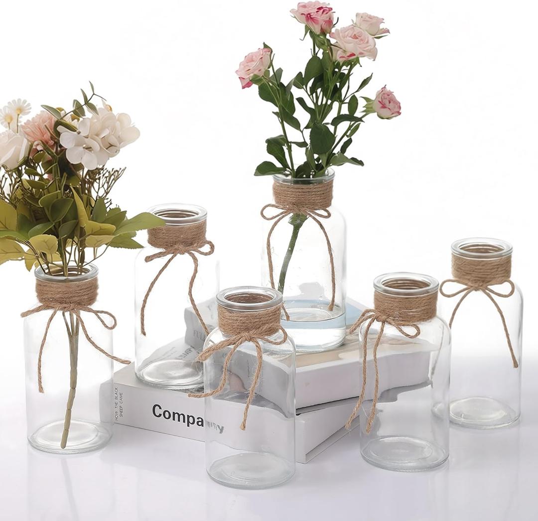 Glass Flower Vases for Centerpieces Boho Cylinder Bud Vases in Bulk Mason Jars for Weddings, Parties & Vintage Home Decor (6, Clear) (Transparent)