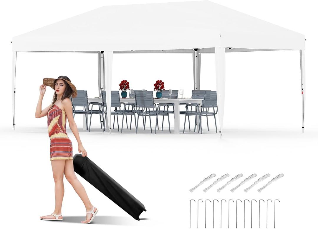 GarveeLife 10x20 Pop Up Canopy, Beach Ten with One Push Setup, Heavy Duty Outdoor Instant Canopy Tent with Portable Roller Bag, Silver Coated Top, 3 Adjustable Height, Sandbags, White