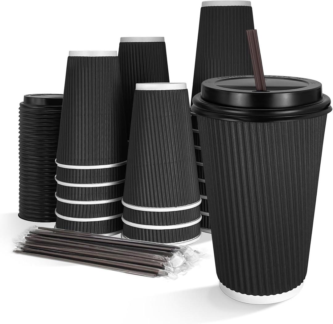 16 oz Disposable Coffee Cups with Lids 50 Pack, Compostable Paper Cups with Lids and Straws, 3-Layer Insulated Corrugated To Go Cups for Hot & Cold Drinks, Home Office Travel (Black)