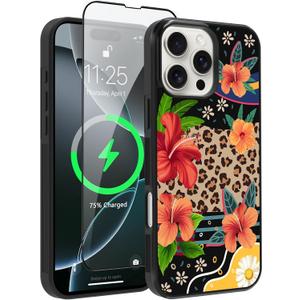 OOK Magnetic for iPhone 16 Pro Max Case Leopard and Flower Splicing Design [Compatible with MagSafe] Hard PC+Soft TPU Bumper Anti-Slip Ultra Thin Case, Brown