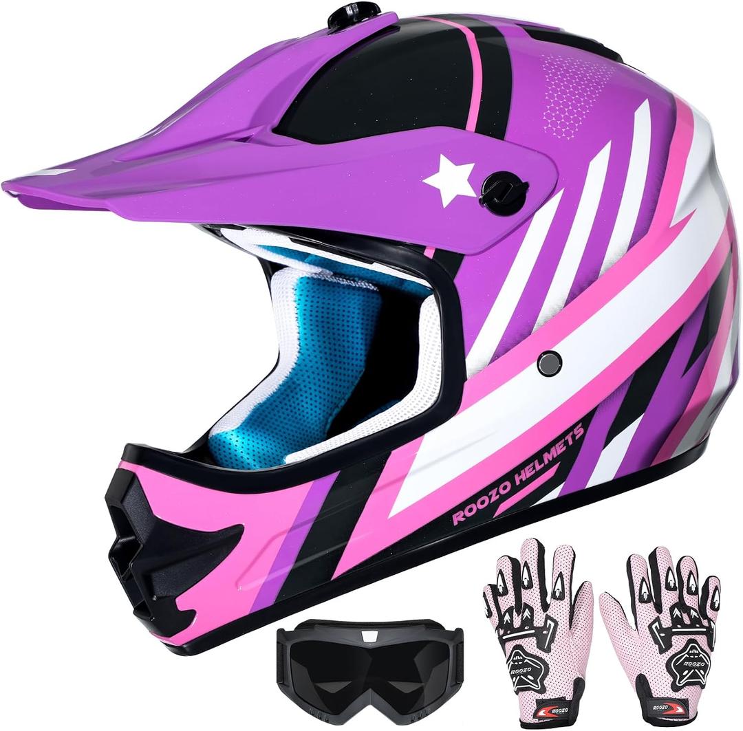 Youth Kids Dirt Bike Helmet DOT Approved, Full Face Motocross Set | 4-in-1 set includes goggles gloves storage bag, ultra-light design, adjustable visor and washable liner for ATV UTV