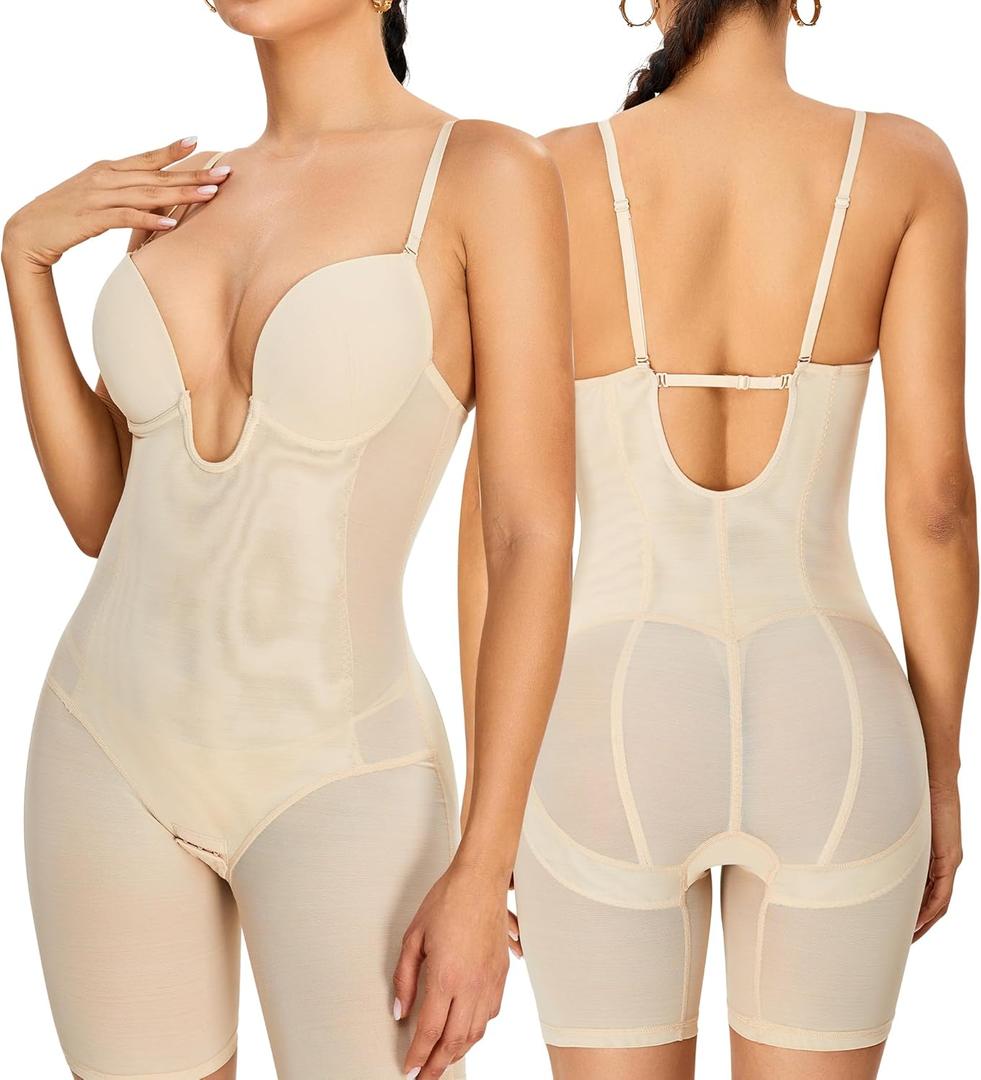 Backless Deep U Plunge Bodysuit for Women Tummy Control Full Body Shapewear Strapless Mid Thigh Body Shaper (3X-Large)