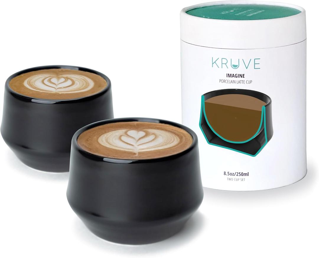 KRUVE IMAGINE Porcelain Latte Coffee Cups, Double Walled Espresso Cups, Glass Cups Set of Two - 8.5oz Thermal Spherical Design for Latte Art, Insulated Coffee Mugs for Heat Retention (Black)