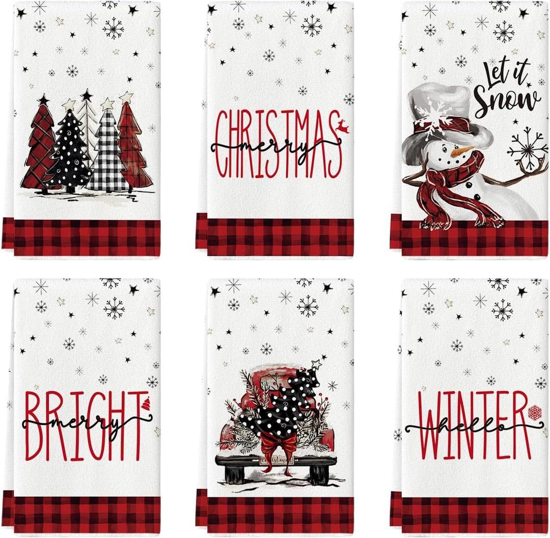 Artoid Mode Red Buffalo Plaid Xmas Trees Snowman Truck Merry Christmas Kitchen Towels Dish Towels, 18x26 Inch Farmhouse Decoration Hand Towels Set of 6