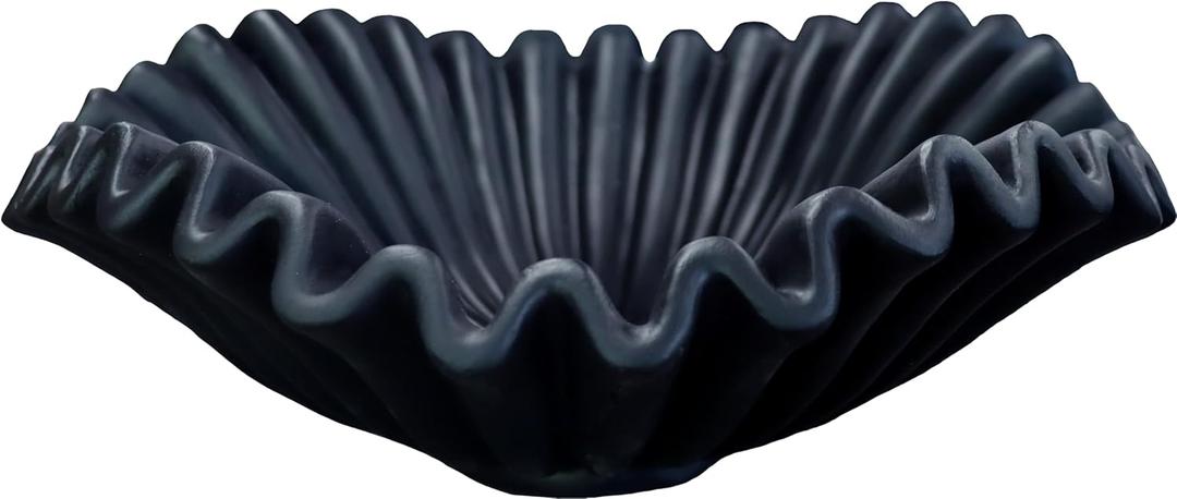 Large Decorative Handmade Bowl Decor, Modern Home Decoration, Fan Shaped Bowl, Ruffle Decor, Stylish Key Bowl for Entry Table, Decorative Fruit Bowl for Kitchen Counter, Black (10.5inch)