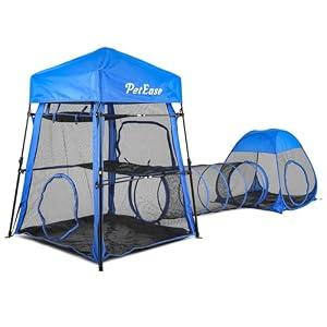 Catio Outdoor Cat Enclosure, 3-in-1 Extra Large Portable Cat Playpen with Tower Tent & Tunnel, Foldable Waterproof Mesh Catio for Indoor Outdoor Cats & Small Pets, Blue 130"L x 39"W x 49"H