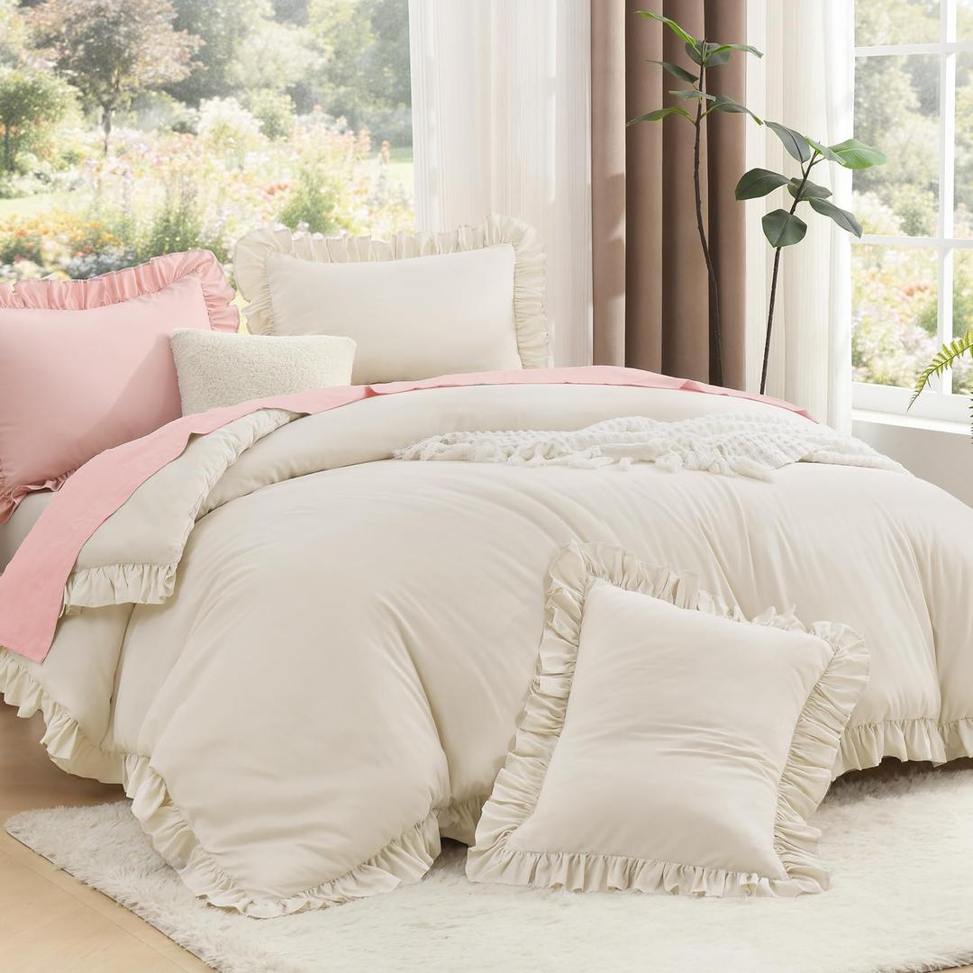 Litanika Comforter Full Size Set Beige, 3 Pieces Ruffle Lightweight Bedding Comforter Set, Fluffy Bed Set (79x90In Comforter, 2 Pillowcases)