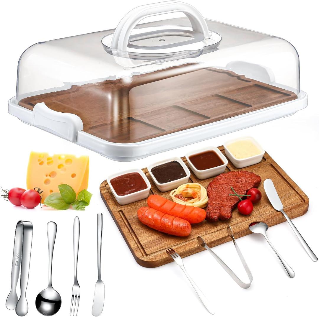 Baderke Wood Charcuterie Board with Lid Set, 12''x8.5'' Cutting Board with Clear Cover Charcuterie Accessories with Dip Bowls Cheese Spreader Butter Knive Mini Serving Tongs Spoons and Forks (Acacia)