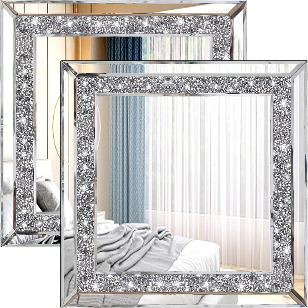 2PCS Crystal Rhinestone Diamond Wall Mirror.Brilliant Hand-Spliced Glass Mirror.Accent Decorative Mirror for Hallway/Bathroom/Bedroom12x12 (Silver)