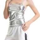 Women Metallic Liquid Camisole Spaghetti Straps Rave Dance Vest Tank Top (White, XL)