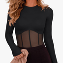 REORIA Women's Trendy Sexy Crew Neck Thumbholes Long Sleeve Sheer Mesh Going Out Bodysuit Tops M