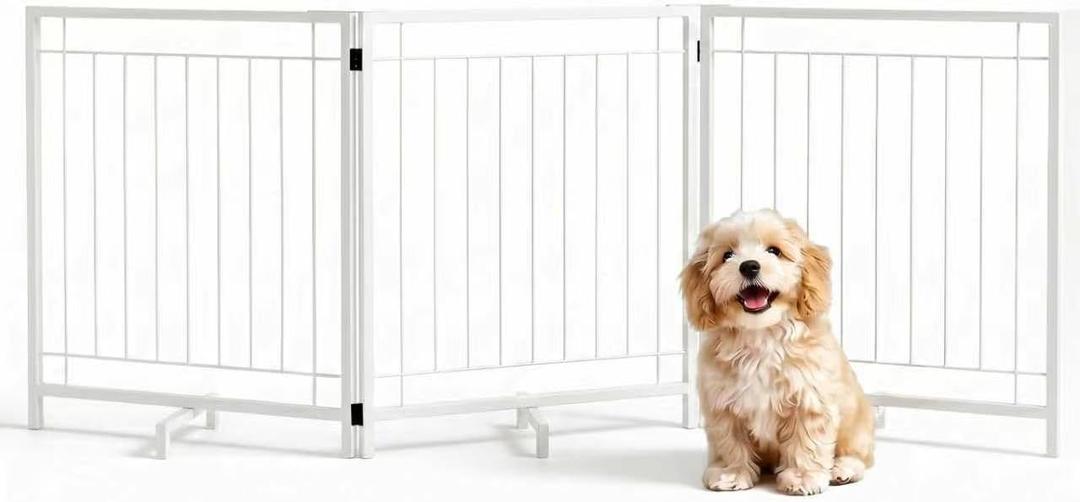 Faesun Dog Gate Indoor, Freestanding Dog Fence, 59x24-Inch Metal Pet Gate for Dogs, 3-Panel Puppy Gates for Doorways, Hallways, Stairs, White