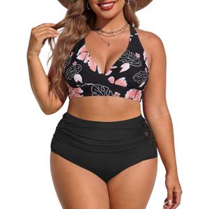 American Trends Womens Bikini Set - Tummy Control, High Waisted 2 Piece Swimsuits Bathing Suits (Pink Flower,  14 Plus)