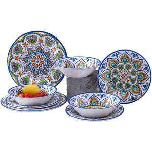 Melamine Dinnerware Set, 12 Pcs Dinner Plates Bowls Sets for Indoor and Outdoor Use, Durable Unbreakable Dishes Sets, Dishwasher Safe, BPA Free, Service for 4