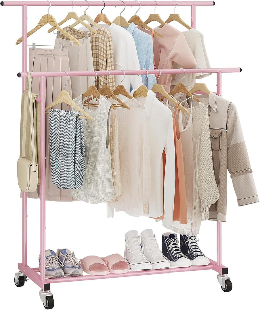 Calmootey Double Rod Clothing Garment Rack Rolling Hanging Clothes Rack, Portable Clothes Organizer for Bedroom, Living Room, Clothing Store, Pink
