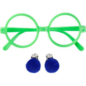 Fancheer Round Green Glasses No Lens with Blue Clip-on Earrings Dress Up Costume Accessories