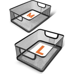 2 Pack EsOffcce Metal Mesh Steel Basket, 2 Size Household Food Sundry Storage Basket, Office Desktop Organizer Basket, Versatile Baskets with Handle for Kitchen Pantry Bathroom Home, Rectangle-Black