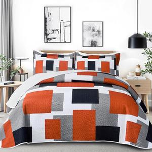 2 Piece Orange Grey Quilt Set Twin Size Black White Gray Geometric Reversible Bedding Set Microfiber Lightweight Bedspread Coverlet with 1 Sham Modern Bed Covers for All Season, 68''x86''