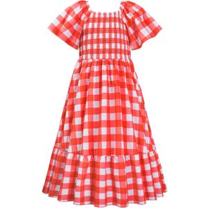 LQSZ Girls Dresses Plaid Smocked Dress Girls' Short Sleeve Summer Dresses for Kids 2-12Y (Red)