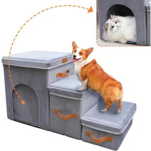 24" H Dog Stairs for High Beds Up to 32" H - Pet Steps for Small Medium or Large Dogs, Foldable Cat Stairs with Storage & Condo, 3-Step Pet Stairs for Couch & Window Sill, Hold Up to 150Lbs