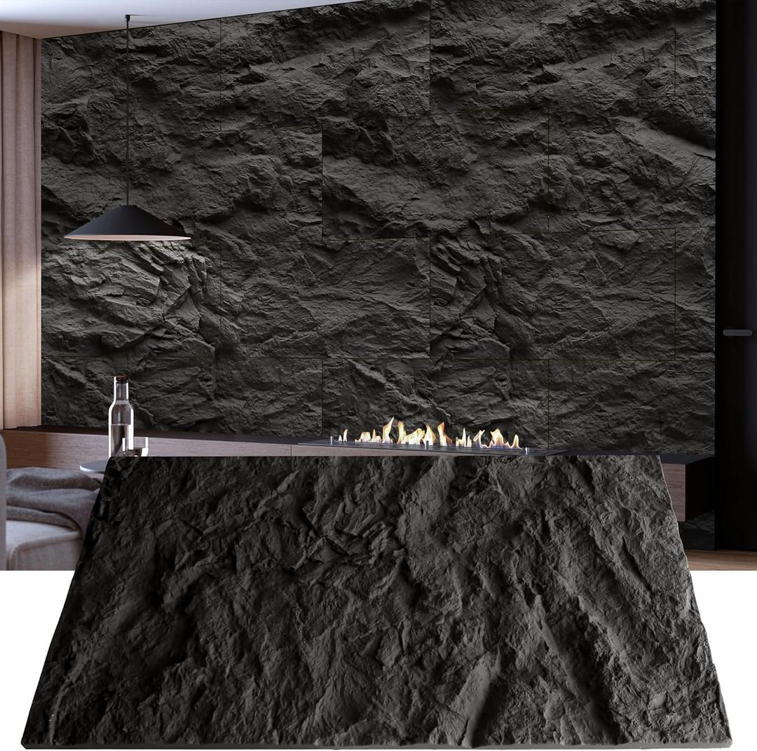 KASARO 3D Faux Stone Wall Panels, 4 PCS PU Wainscoting Panel for Interior Wall Decor, Cement Texture Thicker Accent for Home, Office, 43.3 23.6 inch, Black
