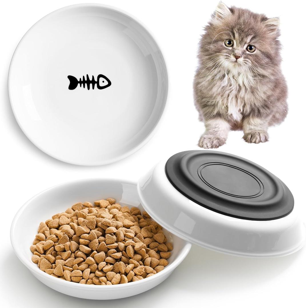 Cat Food Bowls, Whisker Friendly Ceramic Cats Bowls with Nonslip Silicone Base, Pack of 3 Quiet Dishes and Plates for Feeding Indoor Cats, Kittens and Small Dogs(Fishbone,Deeper)