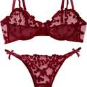 Lilosy Sexy Underwire Cute Push Up Strappy Embroidered Mesh Sheer Lingerie Set See Through Panty Bra (Large, Bow Burgundy Red)