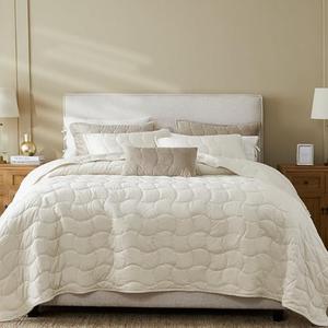 Ivory Velvet Quilt Set Queen Size, Lightweight Luxury Crushed Corduroy Comforter, Soft Cloud Bedding, Cream White Vintage Bedspread Coverlet with 2 Pillow Shams for All Season, 3 Pieces, 90x96 inches