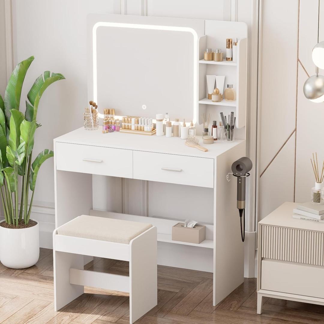 Makeup Vanity with Lighted Mirror & Electrical Outlet - 2 Shelves, 2 Drawers, Bottom Storage - Comes with Upholstered Stool White