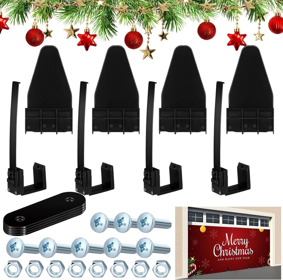 Reallnaive 4 Pcs Christmas Garage Door Banner Clamps Garage Door Backdrop Installation Kit Large Banner Cover Hanging Hooks Tools Mural Clips for Christmas Holiday Decorations