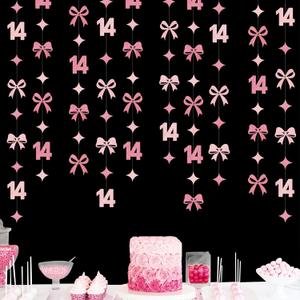Glitter Pink 14th Bow Birthday Decorations Hot Pink Conquette Bow Garland Streamer Banner Backdrop for Girls Happy 14th Birthday Awesome Since 2012 Cheers to 14 Years Old Anniversary Party Supplies