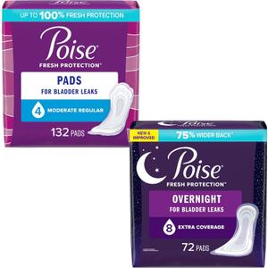 Poise Incontinence Pads & Postpartum Incontinence Pads for Women Bundle: 4 Drop Moderate Absorbency, Regular Length, 132ct and 8 Drop Overnight Absorbency, Extra-Coverage Length, 72ct