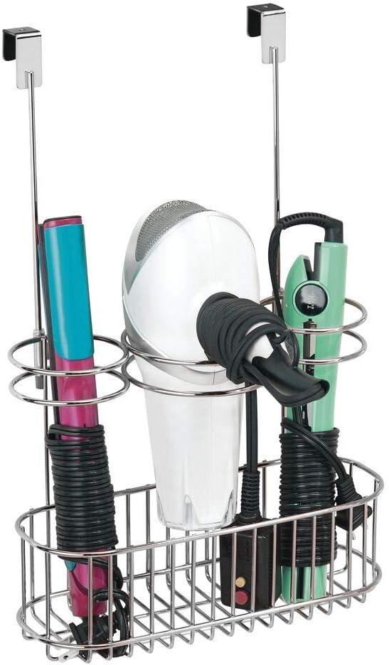 mDesign Over-Cabinet Hair Care Tools Holder for Hair Dryer, Flat Iron, Curling Wand, Straightener - Chrome
