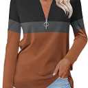 TICTICMISS Women's Long Sleeve Shirts Zipper Color Block V Neck Tunic Tops Casual Blouse, X-Large,Black-gray-brown