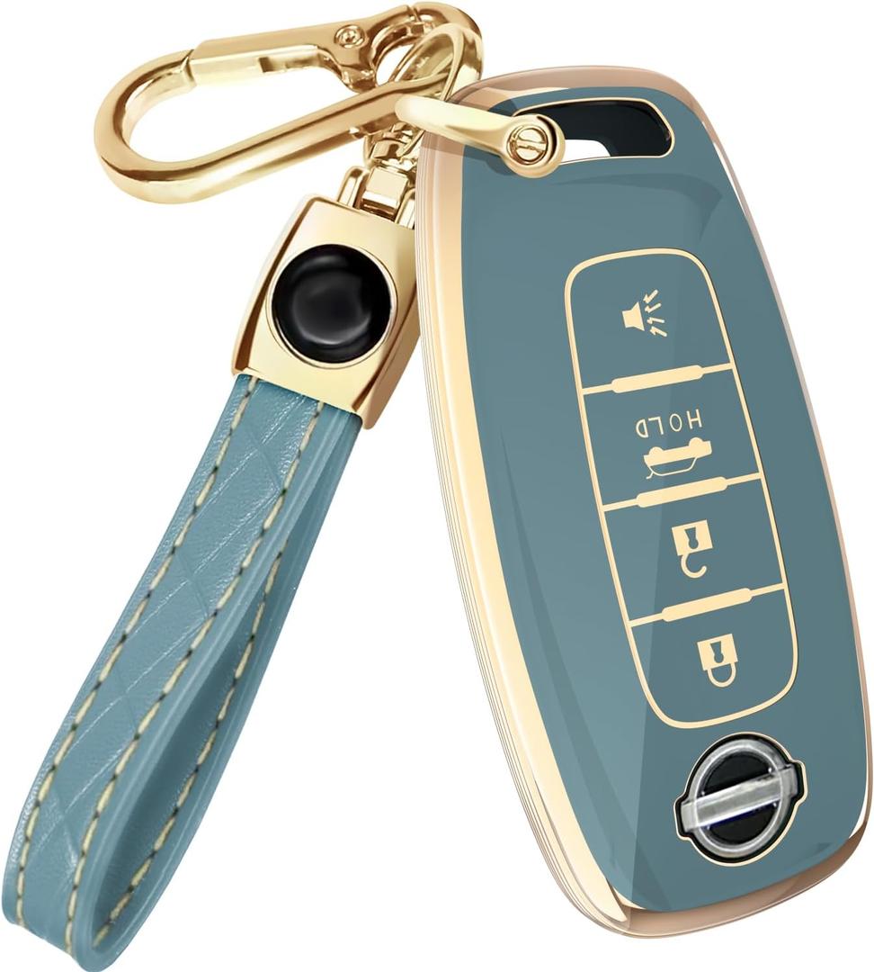 Lucrum Compatible with Nissan Key Fob Cover & Leather Keychain, 4 Buttons Keyfob Case for Pathfinder Rogue Sentra Versa Patrol Armada (2023-2025) - Blue and Gold