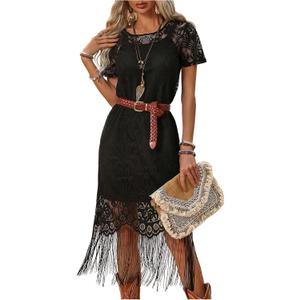 WDIRARA Women's Western Concert 2 Piece Outfits Short Sleeve Sheer Fringe Dress and Cami Dress Set (Large, Black)