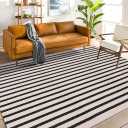 LEEVAN Outdoor Rug 4x6 ft Black and White Striped Patio Rugs, Washable Woven Cotton Boho Living Room Rug Farmhouse Collection Large Floor Carpet for Courtyard/Bedroom