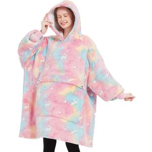 Glow in The Dark Wearable Blanket Hoodie for Adults Sherpa All Patterns Oversized Sweatshirt Blanket with Pockets Cute Gifts for Women Rainbow
