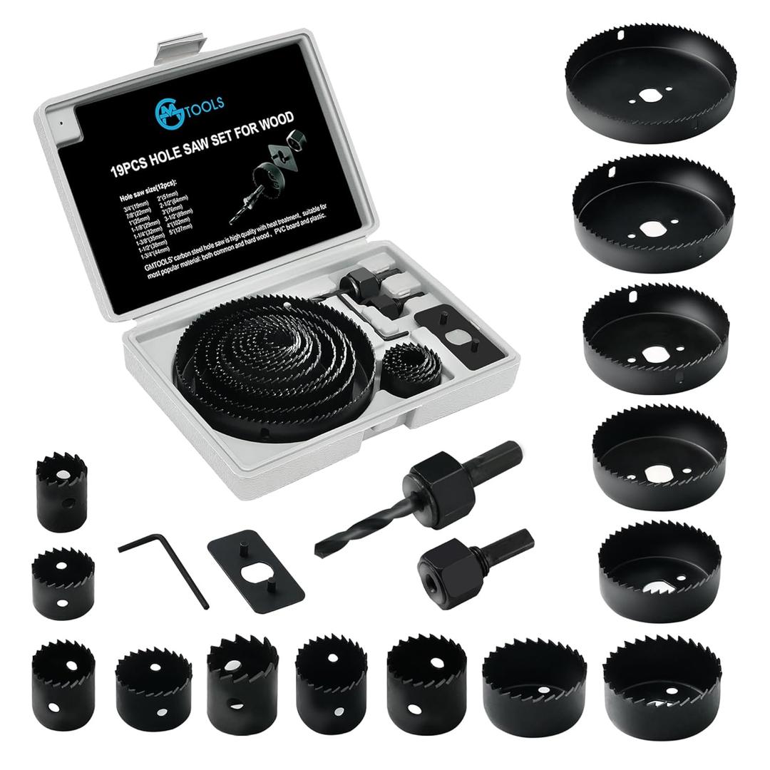 Hole Saw Set, 19Pcs Hole Saw Kit with General Purpose 3/4" to 5"(19-127mm) Saw Blades, Mandrels, Drill Bits, Installation Plate, Hex Key with Storage Case, Idear for Wood, Plywood, PVC Board