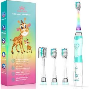 Kids Electric Toothbrush Toddler Toothbrush Age 2-4-8-12 Electric Toothbrush Kids with Timer Rainbow LED Light Up Vibrating Toothbrush Battery Operated Children's Sonic Tooth Brush (Green Giraffe)