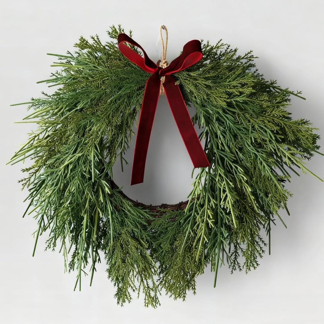 13.8" Christmas Artificial Cedar Wreath with Burgundy Velvet Bow Green Christmas Draping Oval Cedar Wreath for Front Door, Wall, Windows Indoor Outdoor Winter Festival Farmhouse Home Decor