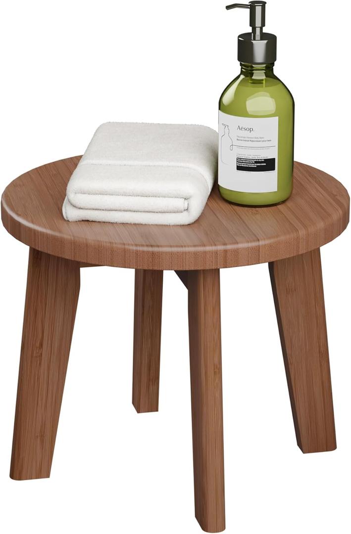 Wooden Step Stools for Kids,Small Portable Wood Stepping Stools Bamboo Shower Stool for Adults Sturdy Non-Slip Bench 300 lbs in Office Bathroom Kitchen Plant Stand 10inch (Round) (11.22x11.22x10.04, Walnut)
